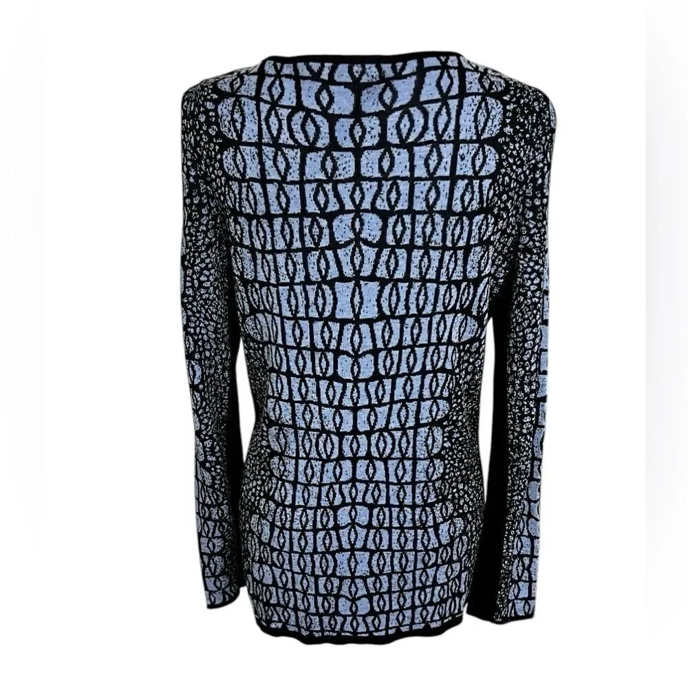 NIC+ZOE medium blue and black geometric sweater crew neck long sleeve